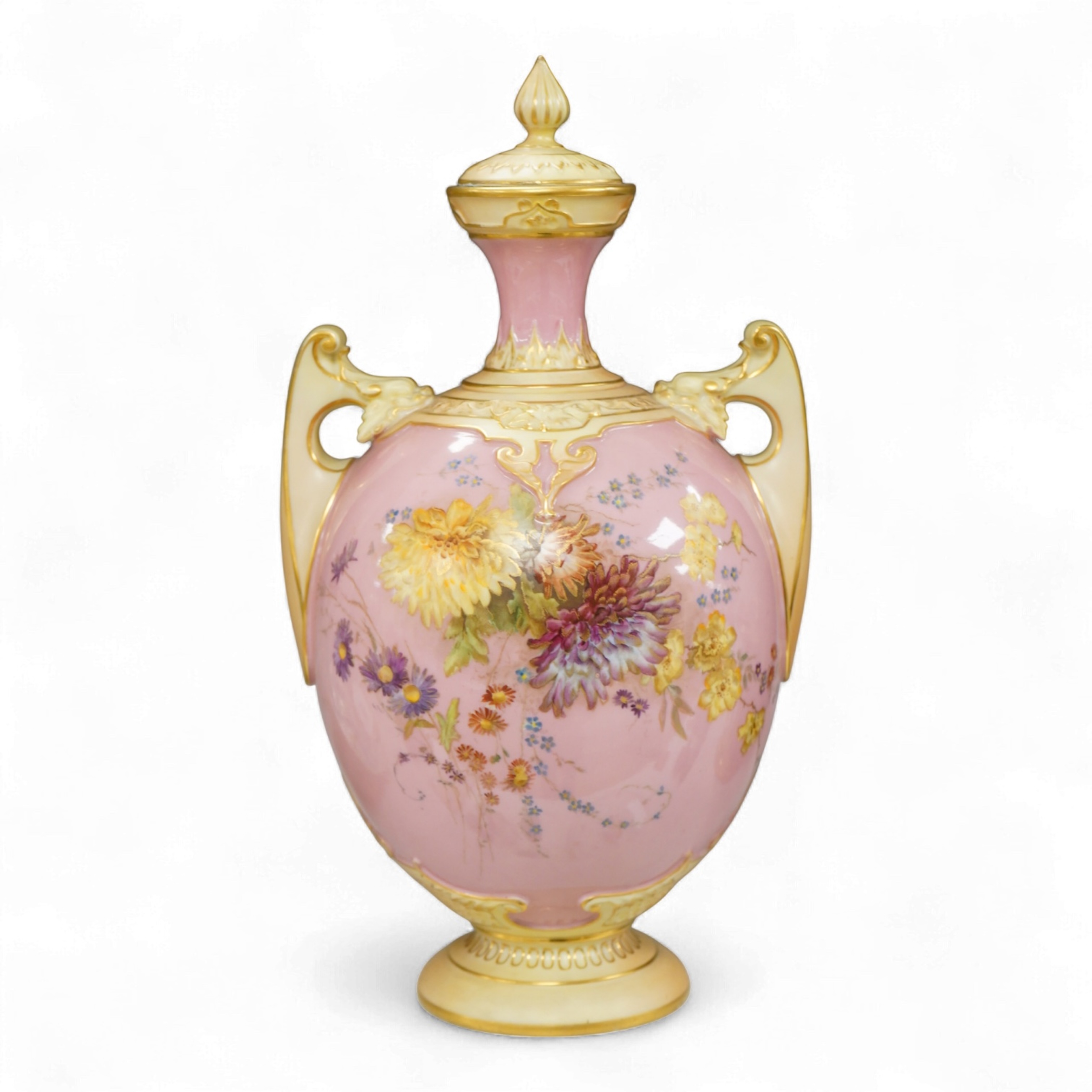 A Royal Worcester floral decorated two handled vase and cover, 30cm